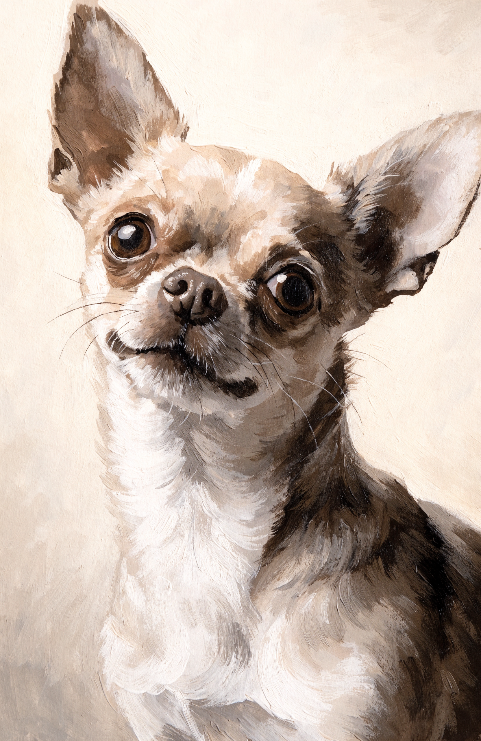 Beispiel-Portrait im Pfotengalerie-Stil — dein Tier wird nach deinem Foto gezeichnet: Chihuahua-Portrait auf Leinwand — klein im Format, gross im Auftritt