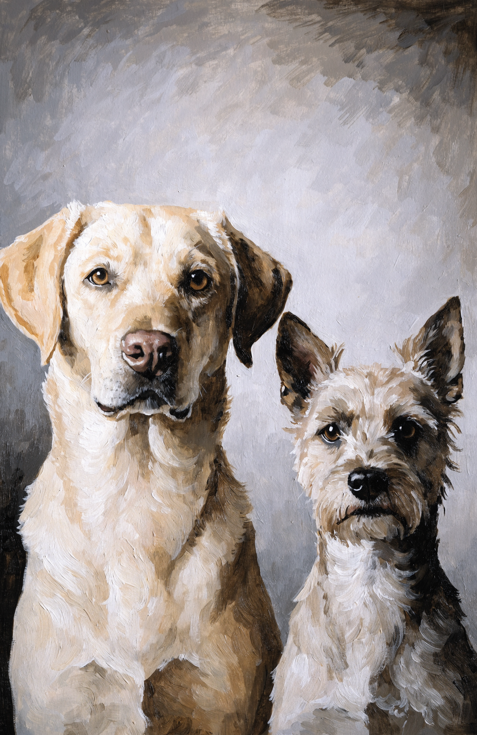 Beispiel-Portrait im Pfotengalerie-Stil — dein Tier wird nach deinem Foto gezeichnet: Mein Rudel — personalisiertes Mehrhunde-Shirt